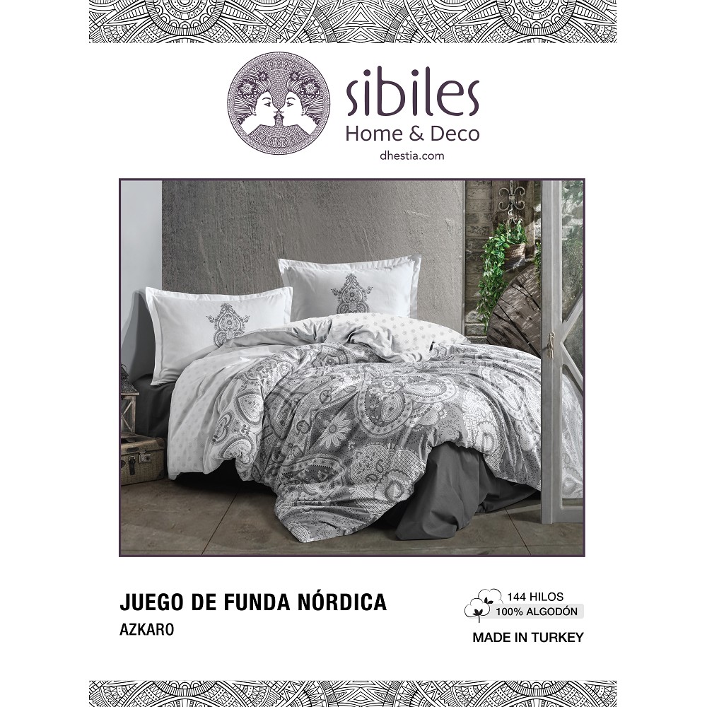 Funda Nórdica Étnica 100% Algodón Turco Cierre Botones Azkaro Gris
