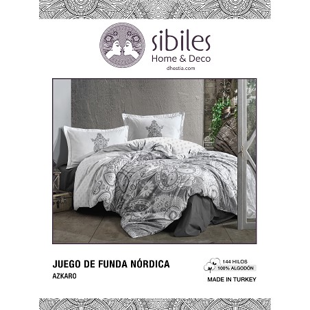 Funda Nórdica Étnica 100% Algodón Turco Cierre Botones Azkaro Gris