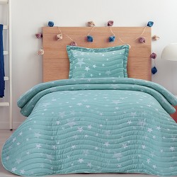 Colcha Bouti Cosida Infantil y Juvenil con Cojín Modelo Estrellas Stars Agua 2